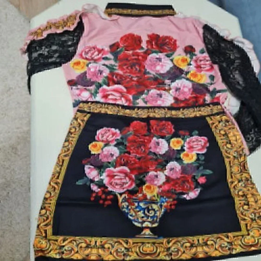 Vintage Floral Flower Collar Floral Print Lace Ruffles Top & Skirt XXL EURO